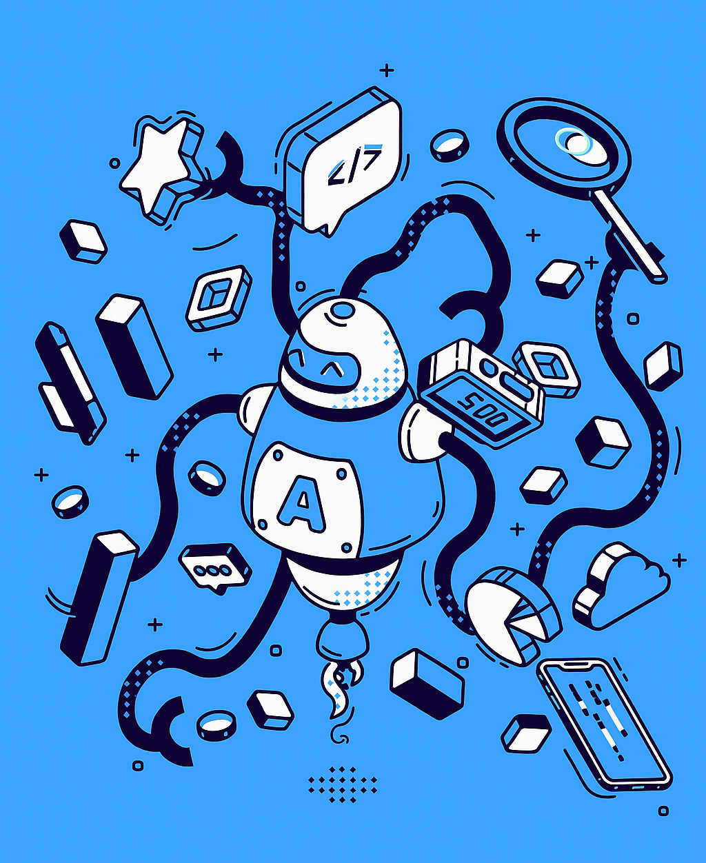 Illustration eines Roboter, der in seinen 5 Armen digitale Geräte und andere Interaktions-Elemente hält.