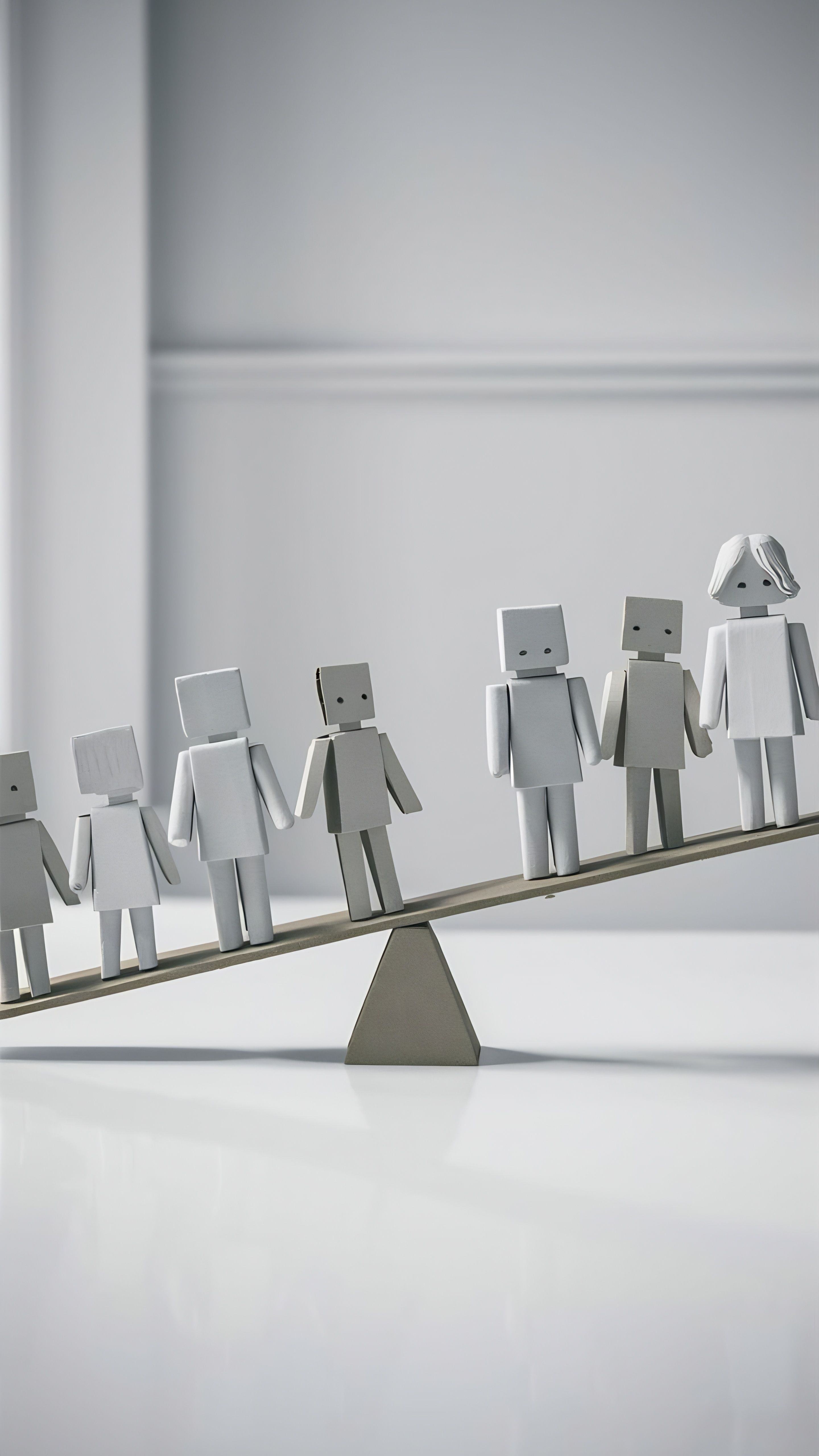 Papierfiguren stehen auf einer Wage, die im Ungleichgewicht ist.