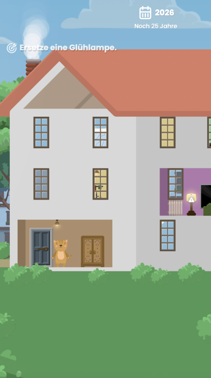 Illustration eines Hauses mit Fenstern und einem Hinweis auf Lampen.