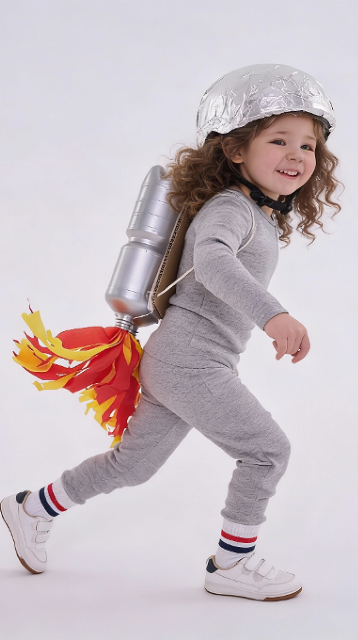 Ein Mädchen, ca. 5 Jahre alt, trägt ein selbst gebasteltes Astronautinnen-Fasnachtskostüm.