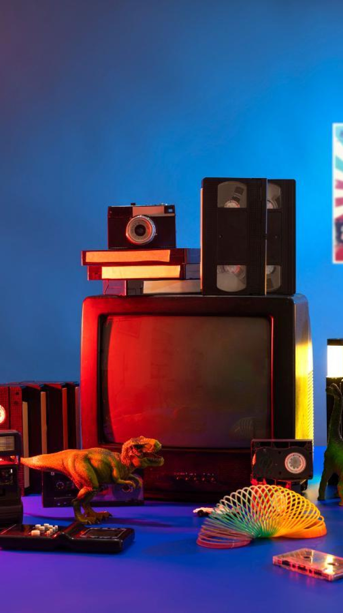 Ein alter Fernseher mit Videokassetten, Kamera und Spielzeug-Dinosauriern im bunten Licht.