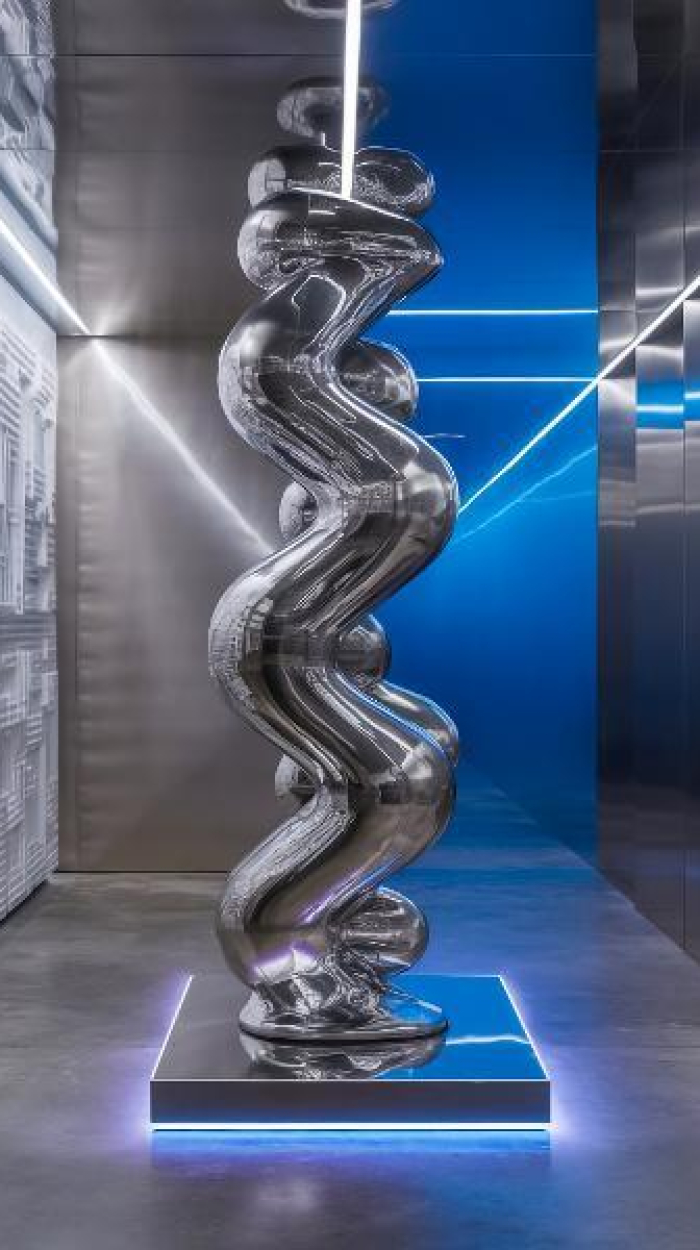 Futuristische, spiegelnde Skulptur in geschwungener Form auf beleuchtetem Sockel in einem modernen Raum mit Metallwänden und blauen Neonlichtern.