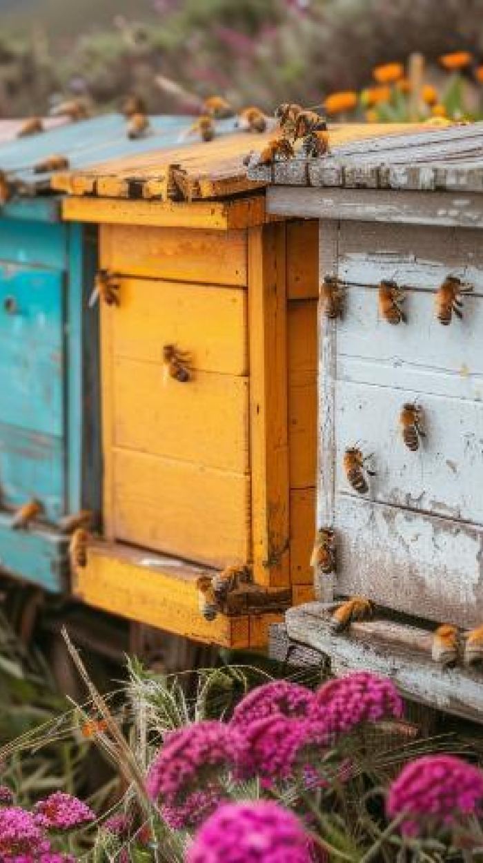 Mehrere farbige Insektenhotels mit Bienen darauf, die auf einer Blumenwiese liegen.