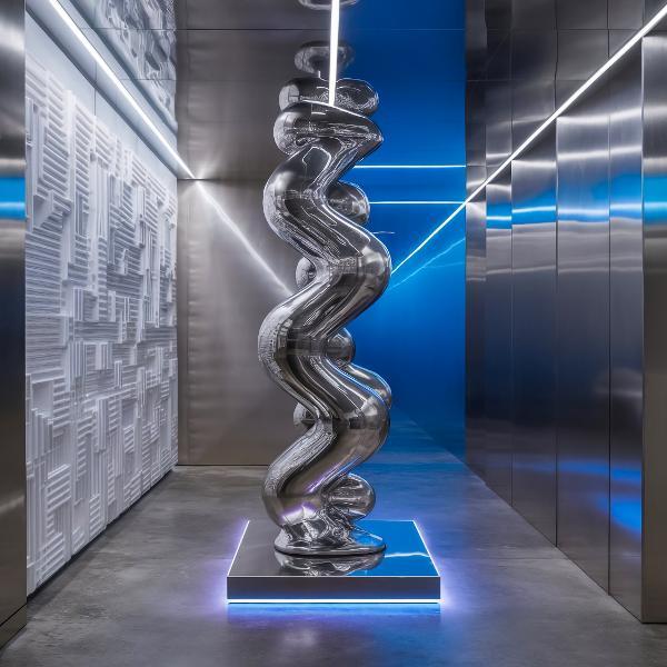 Futuristische, spiegelnde Skulptur in geschwungener Form auf beleuchtetem Sockel in einem modernen Raum mit Metallwänden und blauen Neonlichtern.