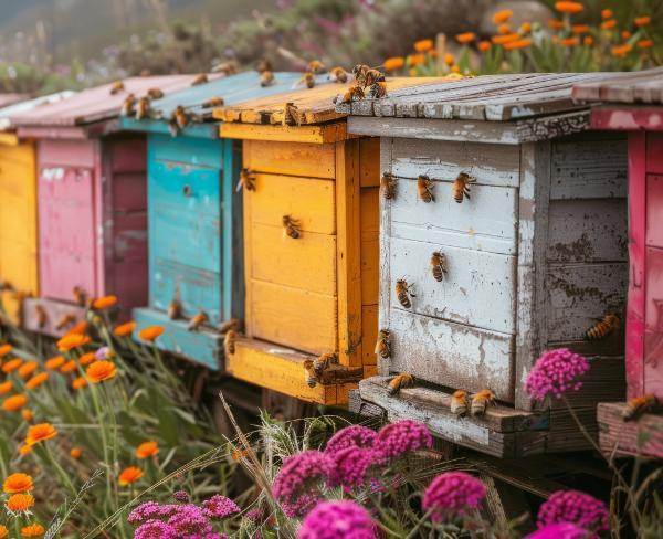 Mehrere farbige Insektenhotels mit Bienen darauf, die auf einer Blumenwiese liegen.