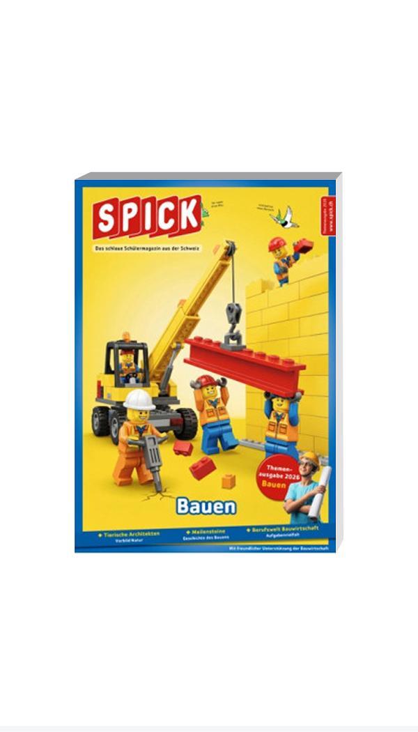 Bild des SPICK-Magazins mit LEGO-Figuren und einem LEGO-Kran darauf.